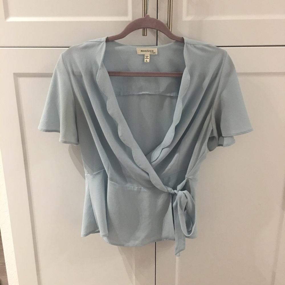 Ligh blue tie front blouse